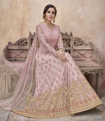 Floor Length Anarkali Suit Embroidered Net In Pink 2