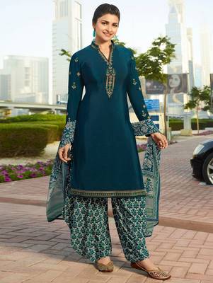 Dark-turquoise embroidered crepe salwar 1