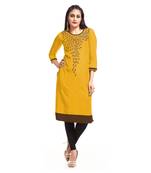 Yellow embroidered rayon kurti
