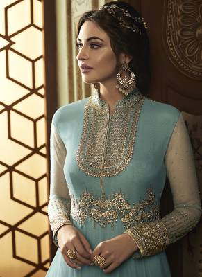 Powder Blue Embroidered Net Anarkali 3