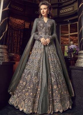 Grey Embroidered Net Semi Stitched Long Salwar Suit  With Dupatta 1