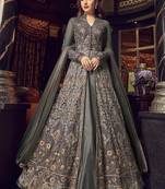Grey Embroidered Net Semi Stitched Long Salwar Suit  With Dupatta