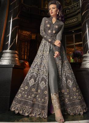Grey Embroidered Net Semi Stitched Long Salwar Suit  With Dupatta 2