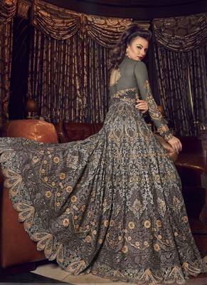 Grey Embroidered Net Semi Stitched Long Salwar Suit  With Dupatta 3