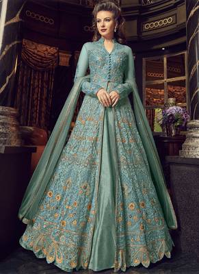Sky-Blue Embroidered Net Long Salwar Suit 1