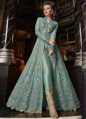 Sky-Blue Embroidered Net Long Salwar Suit 2
