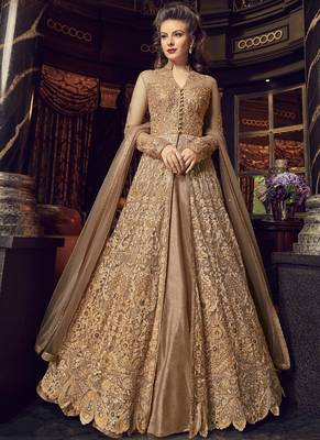 Beige Embroidered Net Long Salwar With Dupatta 1