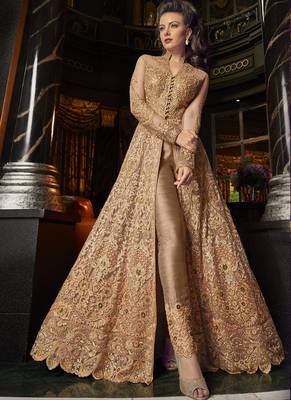 Beige Embroidered Net Long Salwar With Dupatta 2