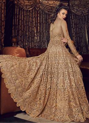 Beige Embroidered Net Long Salwar With Dupatta 3