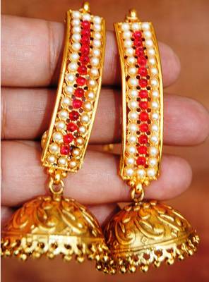 Gold Pearl Red Jhumka Earrings 2