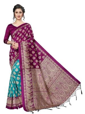 Purple printed art silk saree with blouse 1