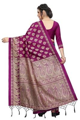 Purple printed art silk saree with blouse 3