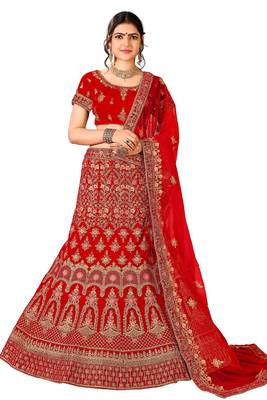 Red Embroidered Velvet Semi Stitched Lehenga 1