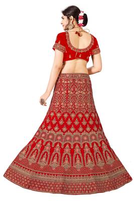 Red Embroidered Velvet Semi Stitched Lehenga 2