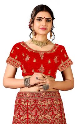 Red Embroidered Velvet Semi Stitched Lehenga 3
