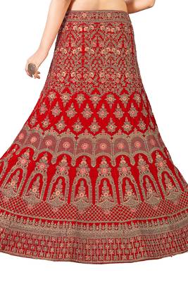 Red Embroidered Velvet Semi Stitched Lehenga 4