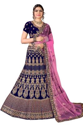 Blue Embroidered Velvet Semi Stitched Lehenga 1