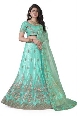 Light-Green Embroidered Net Semi Stitched Lehenga 1