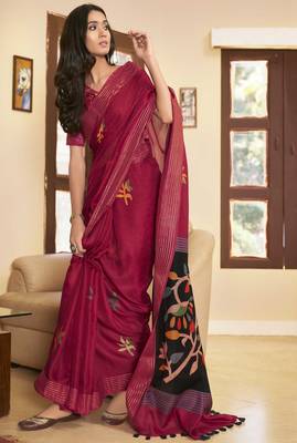 Pink printed linen saree with blouse 1
