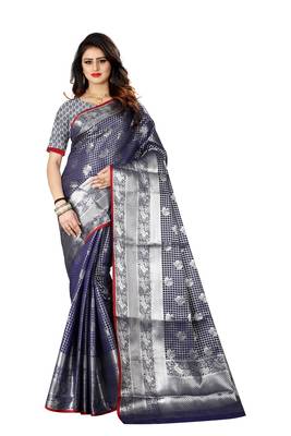 Navy blue woven banarasi silk saree with blouse 1