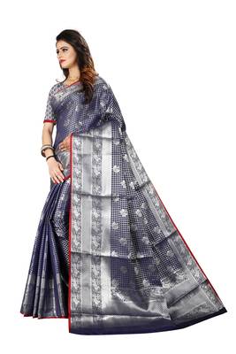 Navy blue woven banarasi silk saree with blouse 2