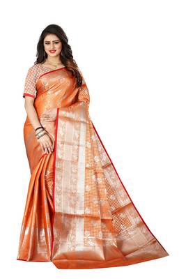 Orange woven banarasi silk saree with blouse 1