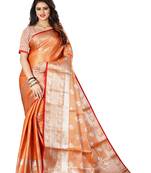 Orange woven banarasi silk saree with blouse