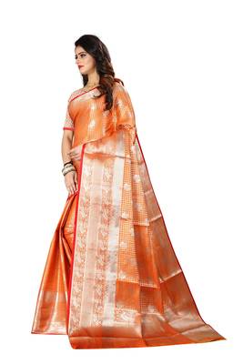Orange woven banarasi silk saree with blouse 2