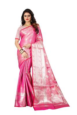 Pink woven banarasi silk saree with blouse 1
