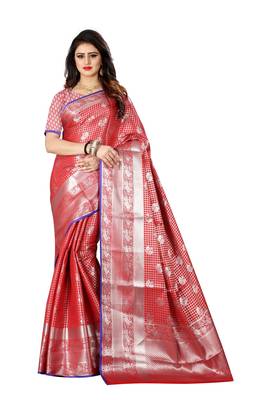 Red woven banarasi silk saree with blouse 1