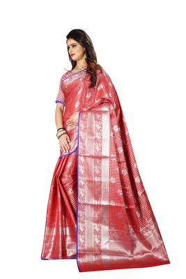 Red woven banarasi silk saree with blouse 2
