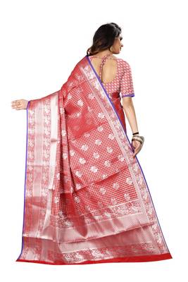 Red woven banarasi silk saree with blouse 3