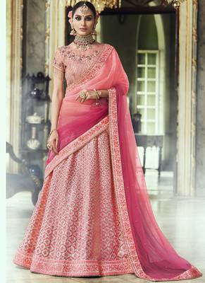 Pink thread embroidery net semi stitched lehenga 1