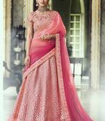 Pink thread embroidery net semi stitched lehenga