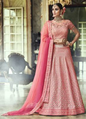 Pink thread embroidery net semi stitched lehenga 2
