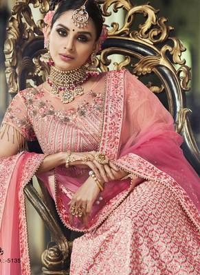 Pink thread embroidery net semi stitched lehenga 3