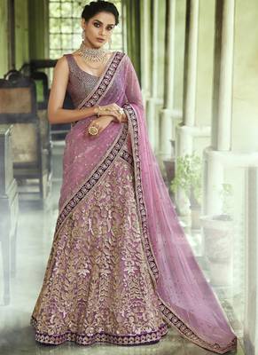 Light-violet thread embroidery net semi stitched lehenga 1