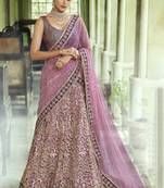 Light-violet thread embroidery net semi stitched lehenga