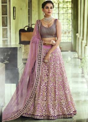 Light-violet thread embroidery net semi stitched lehenga 2