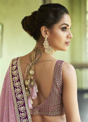 Light-violet thread embroidery net semi stitched lehenga 3