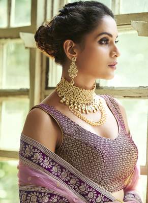 Light-violet thread embroidery net semi stitched lehenga 4