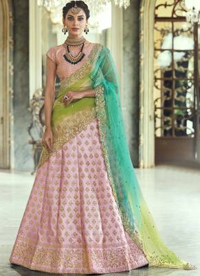 Baby-pink thread embroidery satin semi stitched lehenga 1