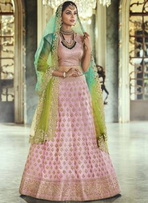 Baby-pink thread embroidery satin semi stitched lehenga 2