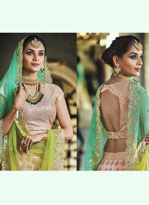 Baby-pink thread embroidery satin semi stitched lehenga 3