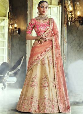 Cream thread embroidery art silk semi stitched lehenga 1