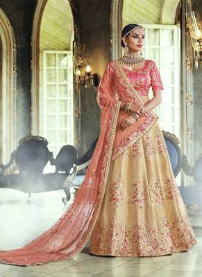 Cream thread embroidery art silk semi stitched lehenga 2