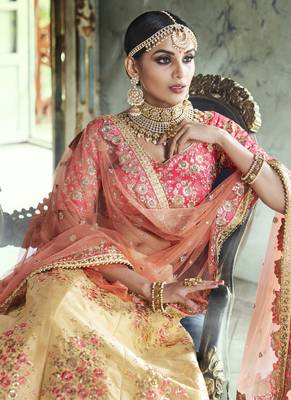 Cream thread embroidery art silk semi stitched lehenga 3