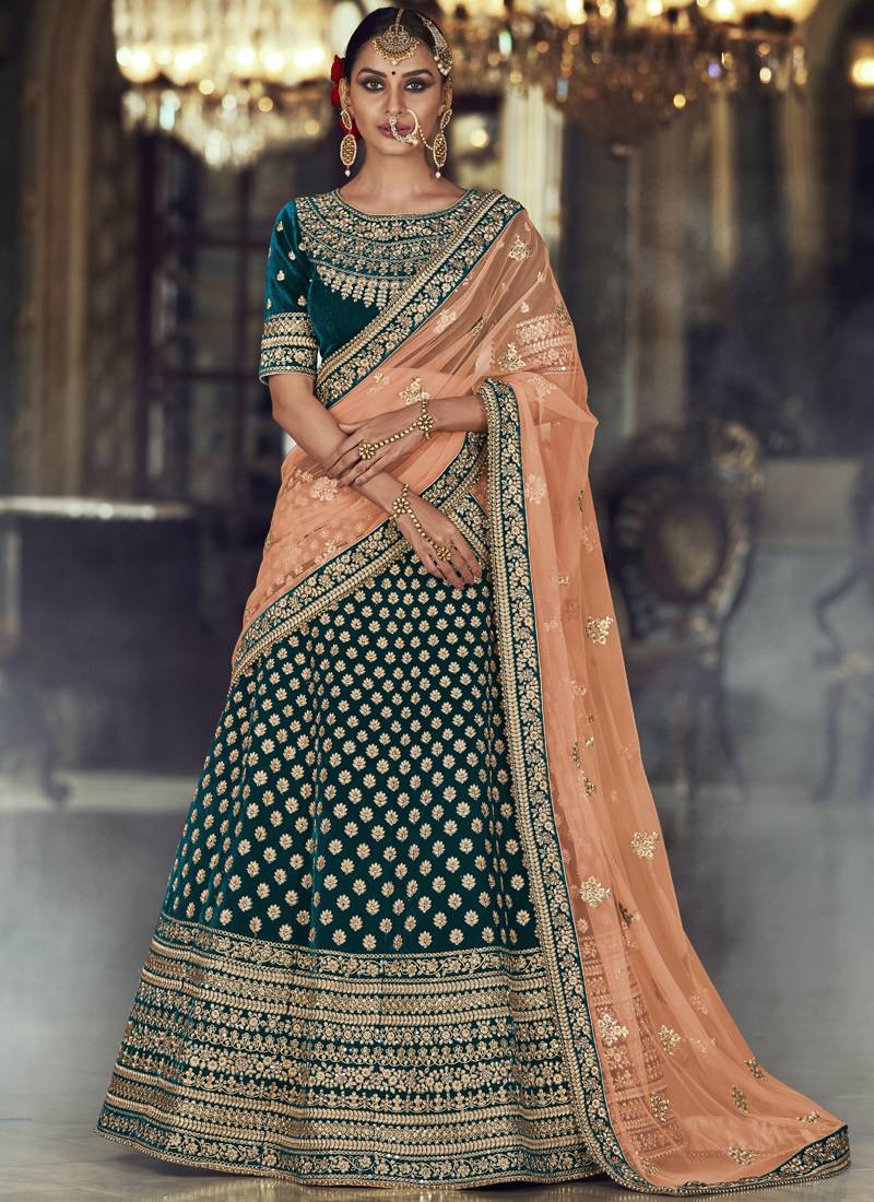 Green thread embroidery velvet semi stitched lehenga