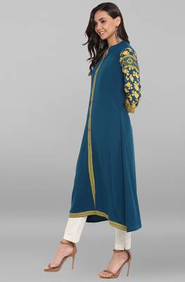 Janasya Turquoise printed crepe kurti 3