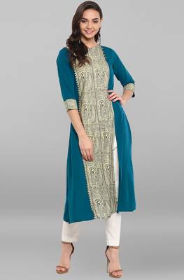 Janasya Turquoise printed crepe kurti 1